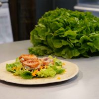 ENSALADA DE HOJA DE ROBLE CON QUESO DE CABRA Y CEBOLLA CARAMELIZADA