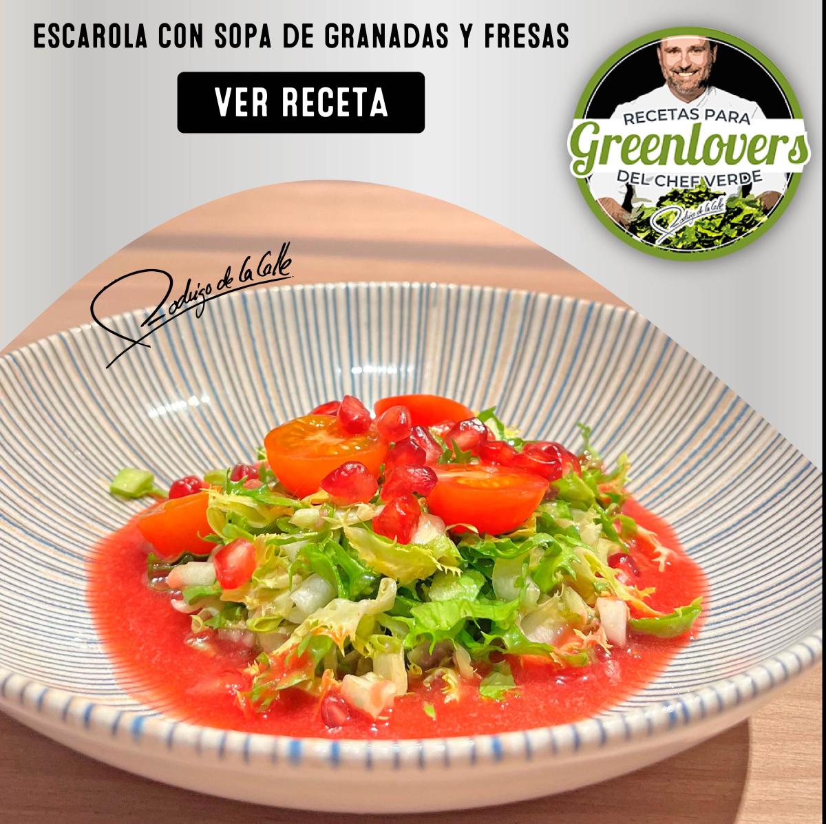 Recetas del chef Rodrigo de la Calle: Ensalada de escarola con sopa de granadas y fresas.