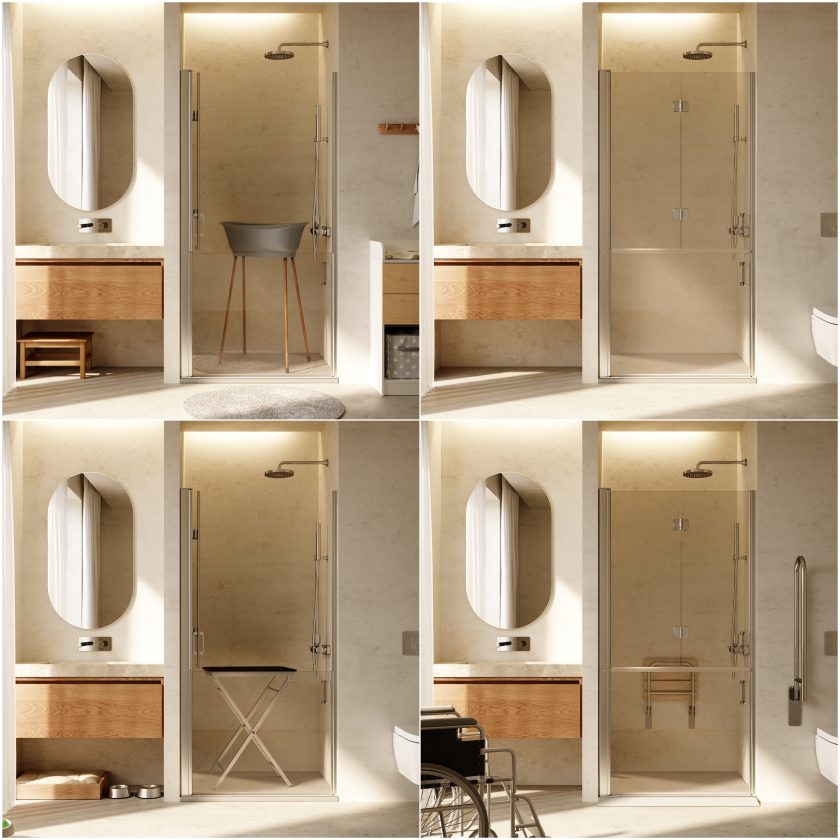 Una estética sencilla y limpia en espacios de ducha versátiles y funcionales. Espacios de ducha pequeños adaptados a la vida multigeneracional