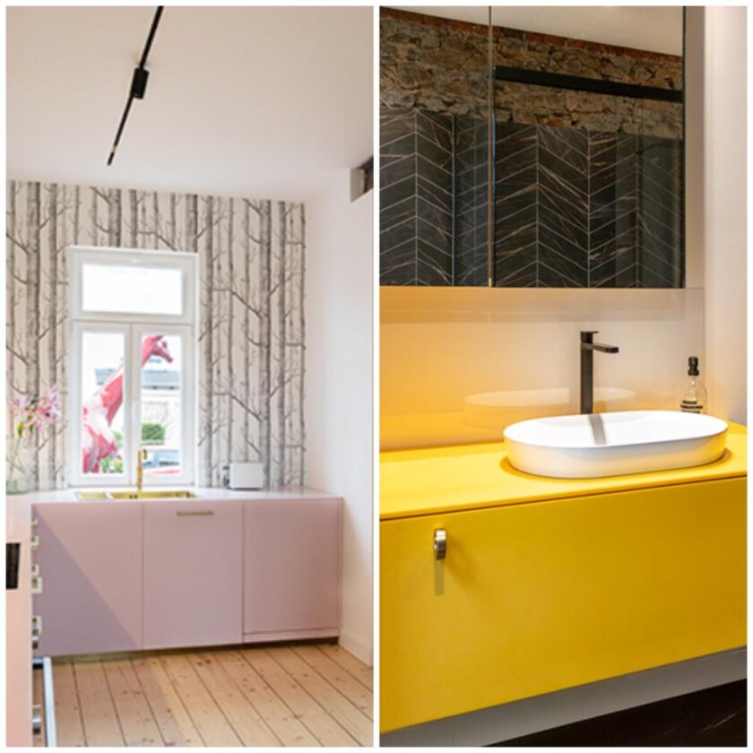 Una casa llena de color: del rosa suave en la cocina al amarillo vibrante del baño con HIMACS.